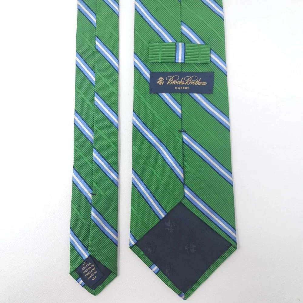 Brooks Brothers Makers Tie Green Blue Stripe Silk Cotton Woven England Made USA